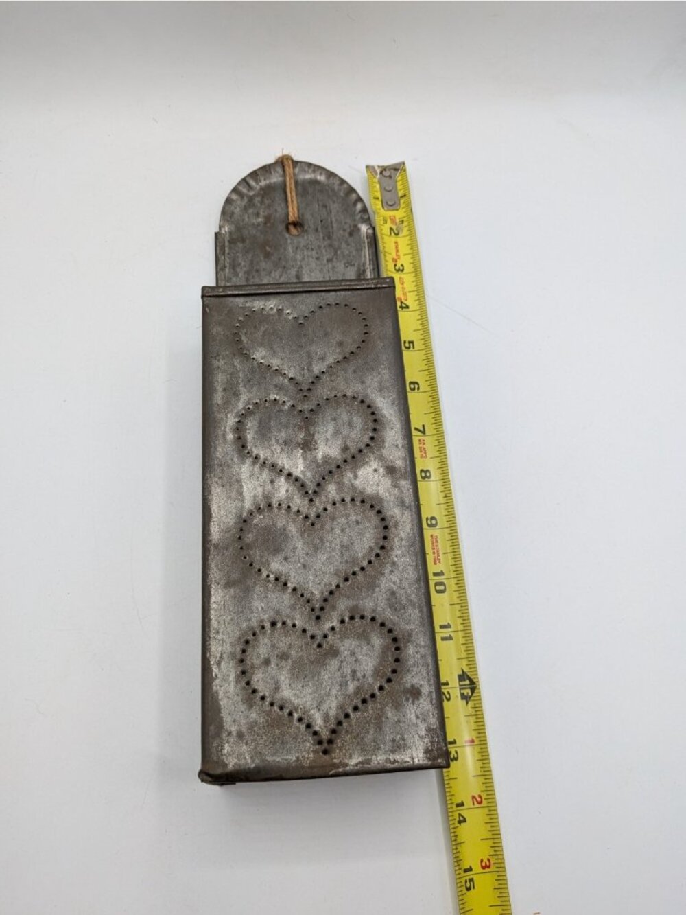 Vtg Punched Tin Fireplace Long Match Holder Wall Mount 4 Hearts Rustic Farmhouse - Picture 6 of 6